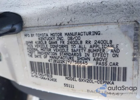 2000 Toyota Camry Le from USA, damaged, VIN 4T1BG22K1YU756645